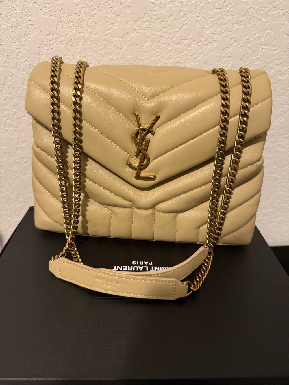 Saint Laurent Quilted Chevron Shoulder Bag in Beige with Gold Hardware